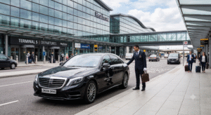 A premium Mercedes chauffeur car parked at Heathrow Terminal 5
