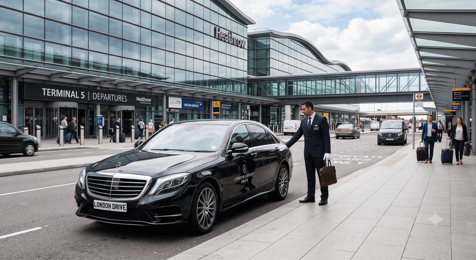 A premium Mercedes chauffeur car parked at Heathrow Terminal 5