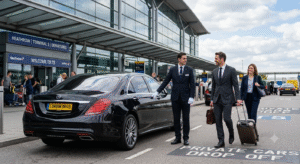 Executive airport chauffeur holding open a car door for a business passenger in London - London Airport Drive