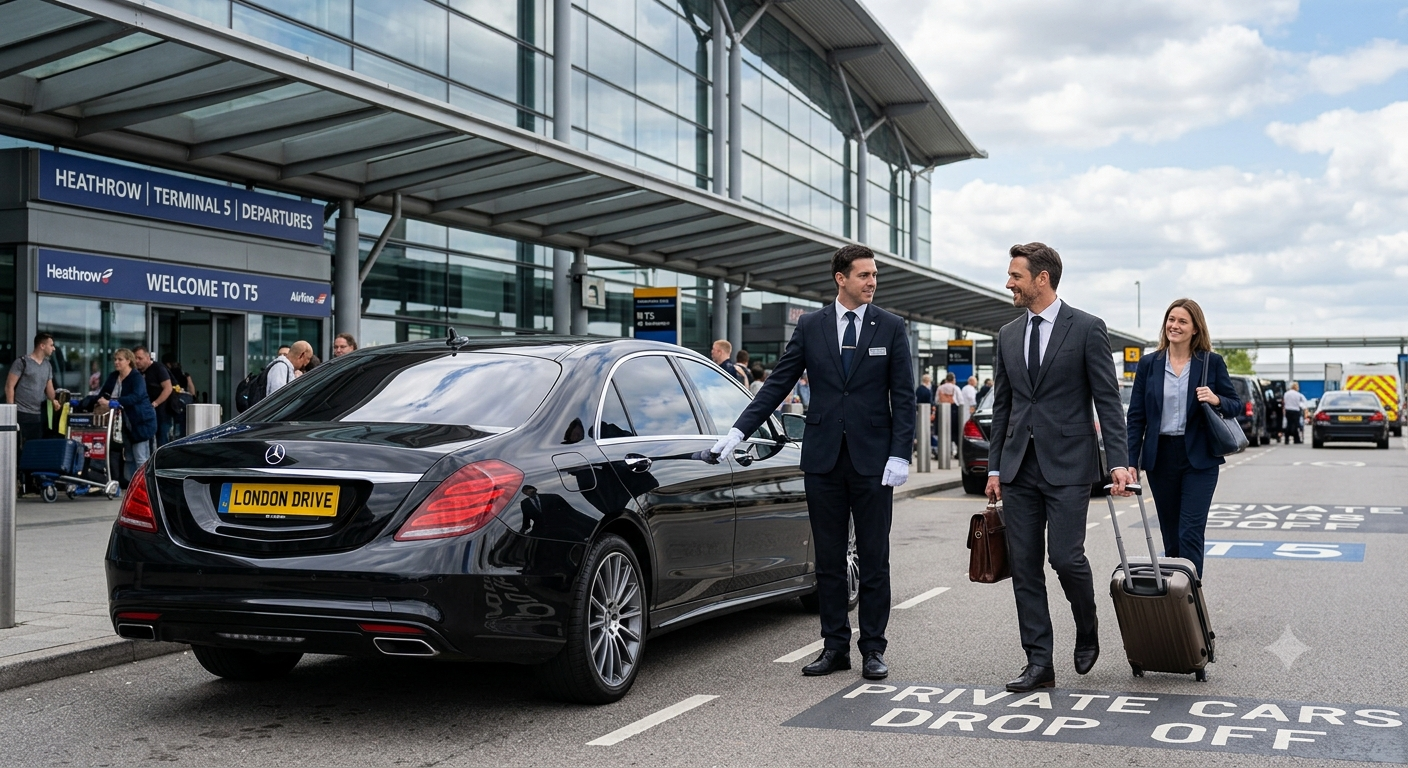 Executive airport chauffeur holding open a car door for a business passenger in London - London Airport Drive