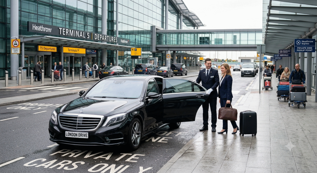 Executive chauffeur holding open a Mercedes car door for a passenger at Heathrow Terminal 5 drop-off zone - London Airport Drive