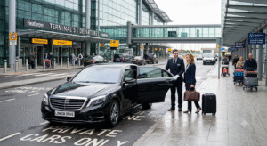 Executive chauffeur holding open a Mercedes car door for a passenger at Heathrow Terminal 5 drop-off zone - London Airport Drive