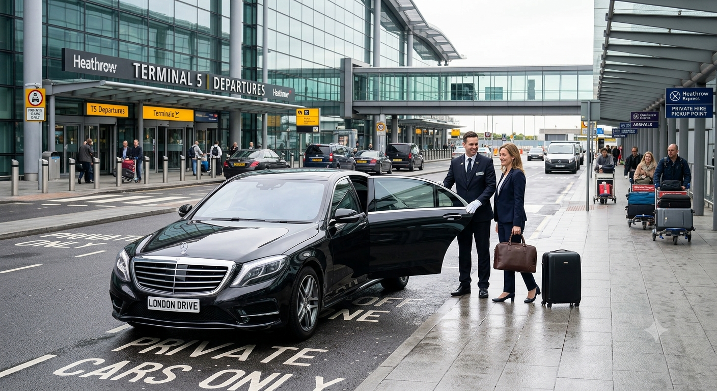 Executive chauffeur holding open a Mercedes car door for a passenger at Heathrow Terminal 5 drop-off zone - London Airport Drive