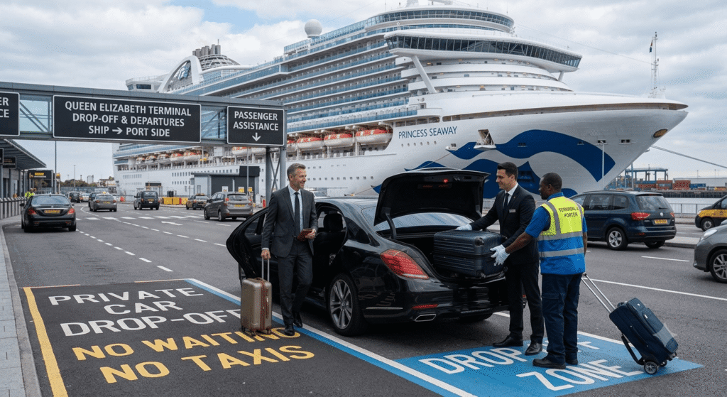 Executive chauffeur loading cruise luggage into a black Mercedes at Southampton Cruise Terminal with ocean liner in background - London Airport Drive
