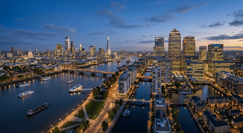 An aerial panoramic photograph at dusk capturing the illuminated skylines of both Canary Wharf (left, with One Canada Square) and the City of London (right, with The Shard, The Gherkin, and The Cheesegrater) separated by the River Thames in London, UK.