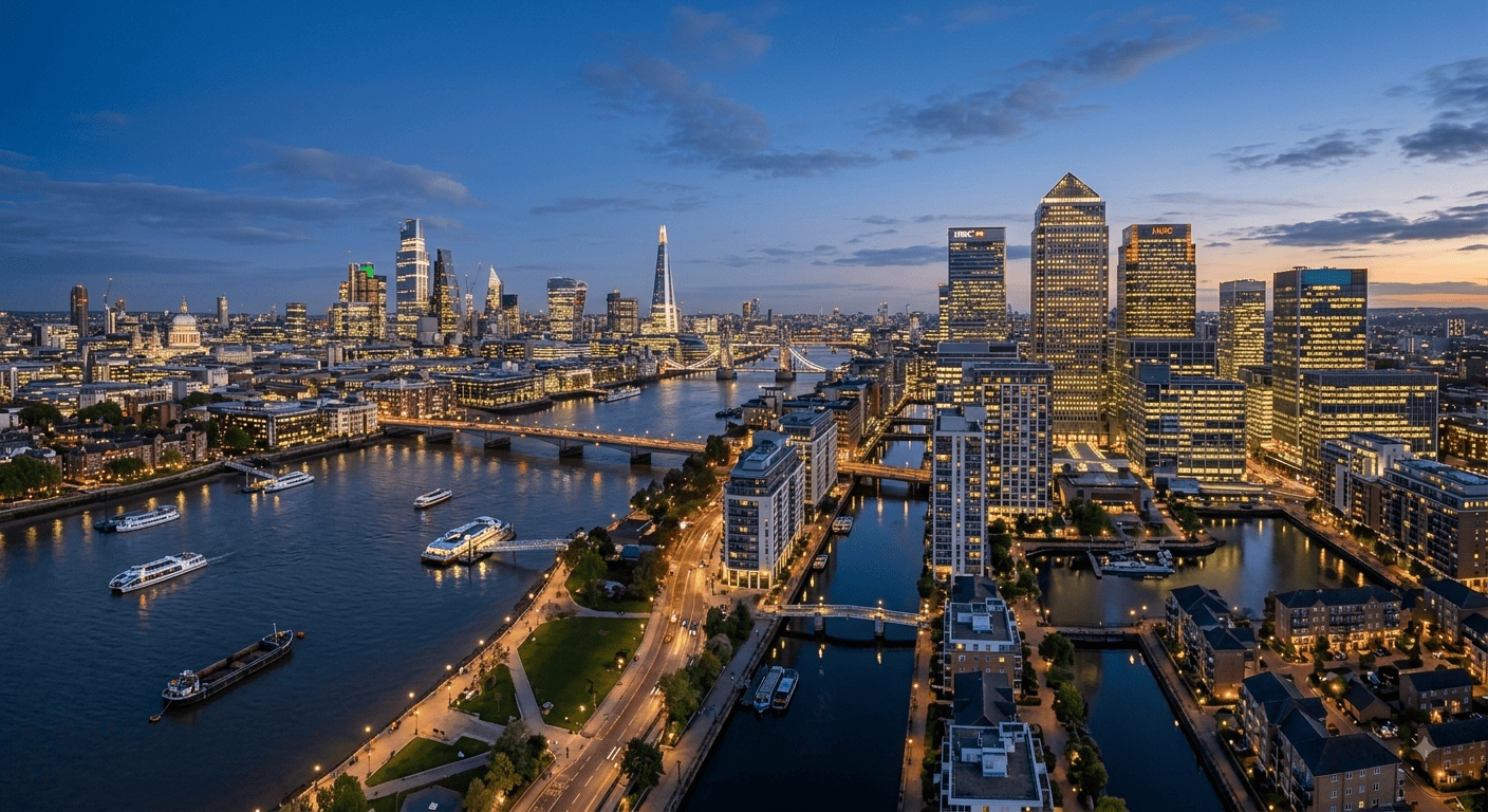 An aerial panoramic photograph at dusk capturing the illuminated skylines of both Canary Wharf (left, with One Canada Square) and the City of London (right, with The Shard, The Gherkin, and The Cheesegrater) separated by the River Thames in London, UK.