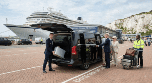 Executive chauffeur loading large luggage for a family arriving at Dover Cruise Terminal with a black Mercedes V-Class MPV - London Airport Drive