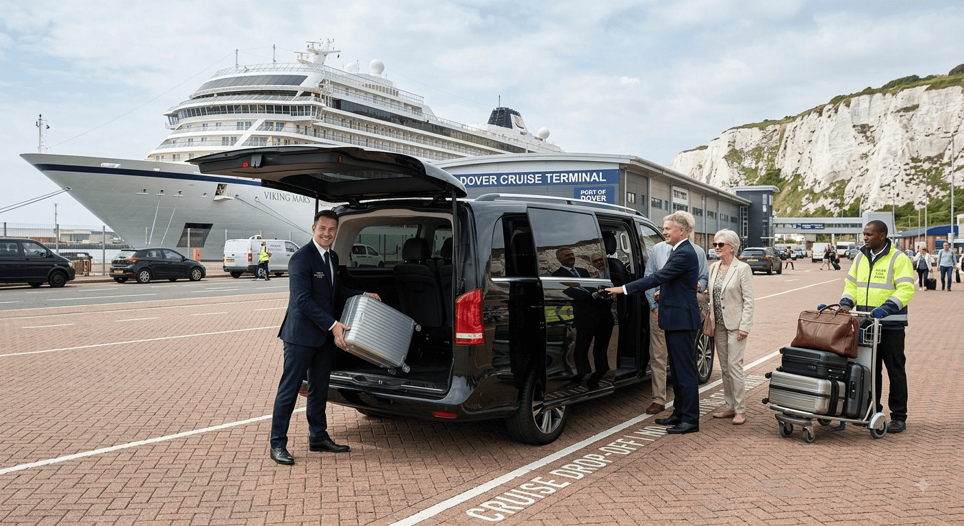 Executive chauffeur loading large luggage for a family arriving at Dover Cruise Terminal with a black Mercedes V-Class MPV - London Airport Drive