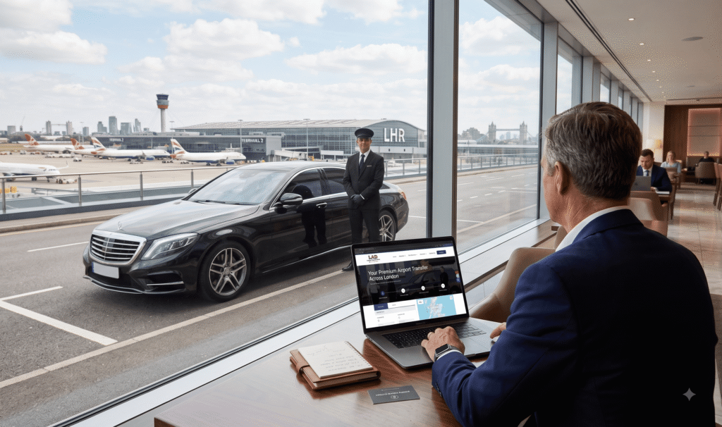 Executive London City Airport chauffeur transfers service waiting for corporate clients at the terminal curb