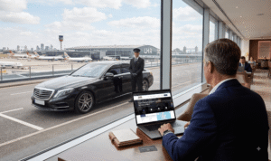 Executive London City Airport chauffeur transfers service waiting for corporate clients at the terminal curb