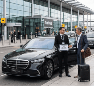Executive Mercedes S-Class international traveler London chauffeur greeting overseas passengers at Heathrow Airport.