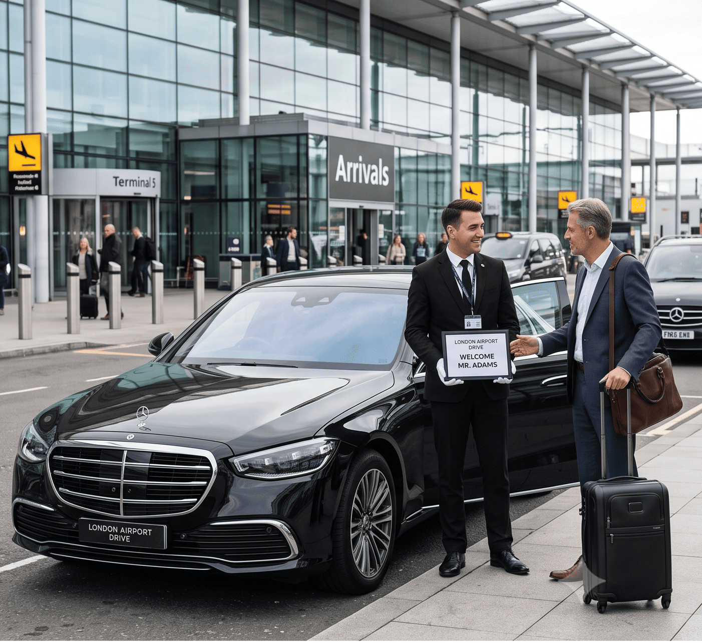 Executive Mercedes S-Class international traveler London chauffeur greeting overseas passengers at Heathrow Airport.