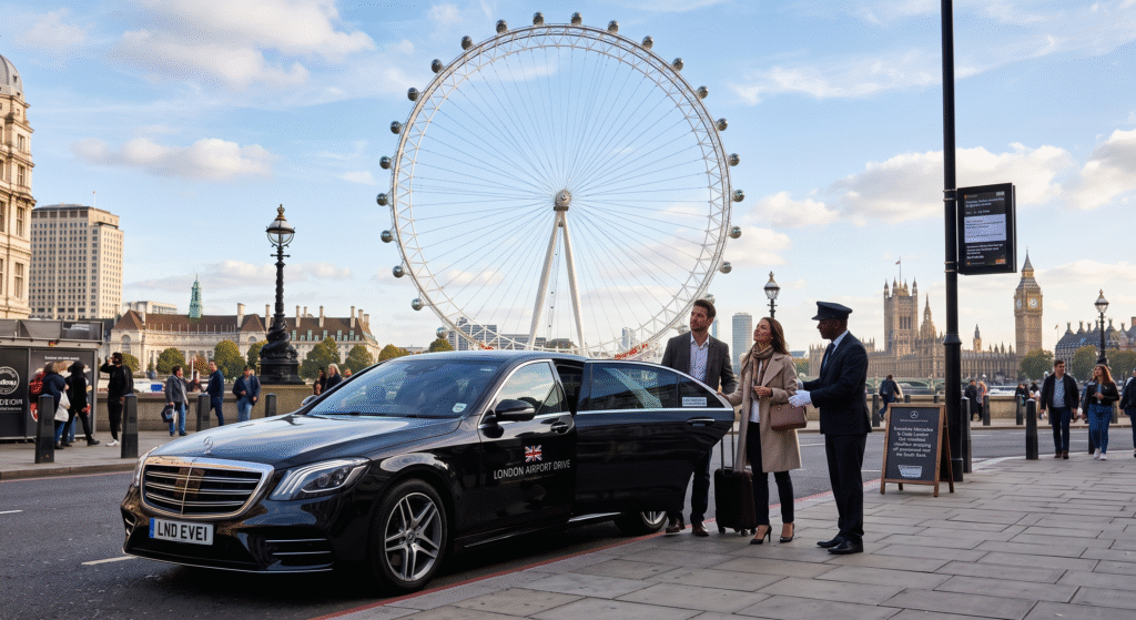 Executive Mercedes S-Class London Eye chauffeur dropping off passengers near the South Bank.