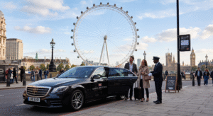 Executive Mercedes S-Class London Eye chauffeur dropping off passengers near the South Bank.
