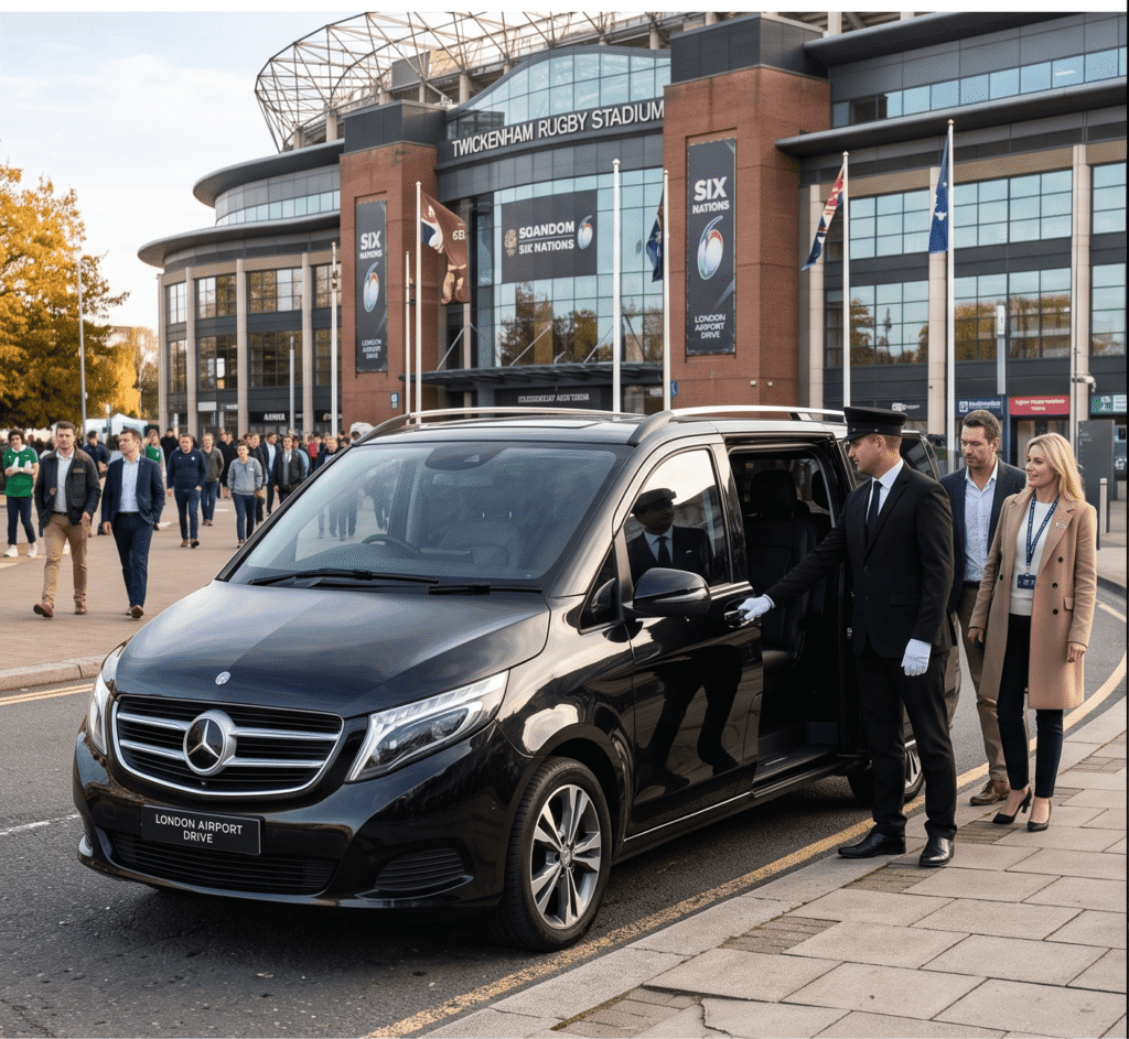 Executive Mercedes V-Class Twickenham Stadium chauffeur dropping off corporate guests for an international rugby match