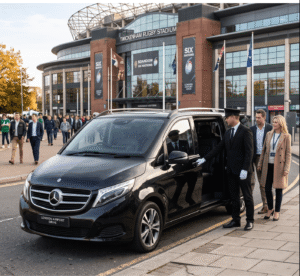 Executive Mercedes V-Class Twickenham Stadium chauffeur dropping off corporate guests for an international rugby match