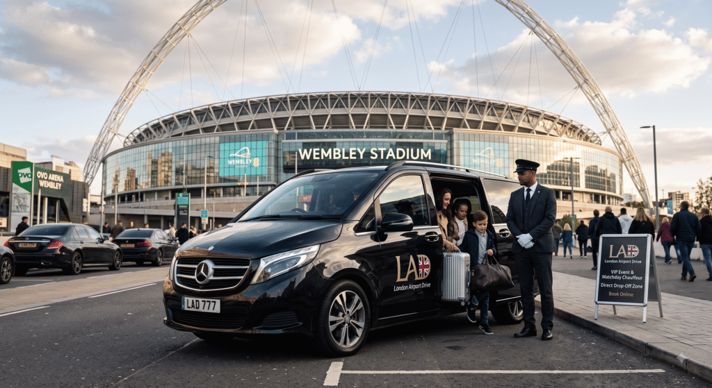 Executive Mercedes-Benz V-Class chauffeur car at the Wembley Stadium direct drop-off zone