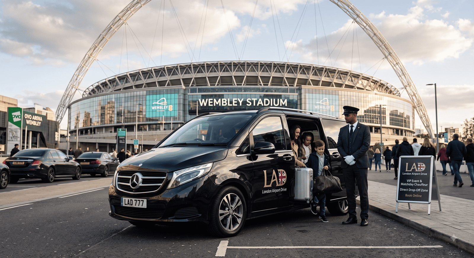 Executive Mercedes-Benz V-Class chauffeur car at the Wembley Stadium direct drop-off zone
