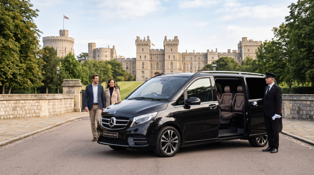 Executive Mercedes-Benz private London day tour chauffeur vehicle parked in front of a historic UK sightseeing landmark.