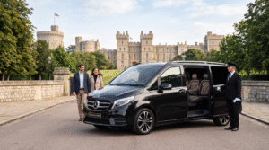 Executive Mercedes-Benz private London day tour chauffeur vehicle parked in front of a historic UK sightseeing landmark.
