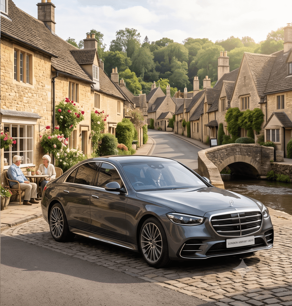 Luxury Mercedes S-Class private London day tour chauffeur vehicle in a historic Cotswolds village.