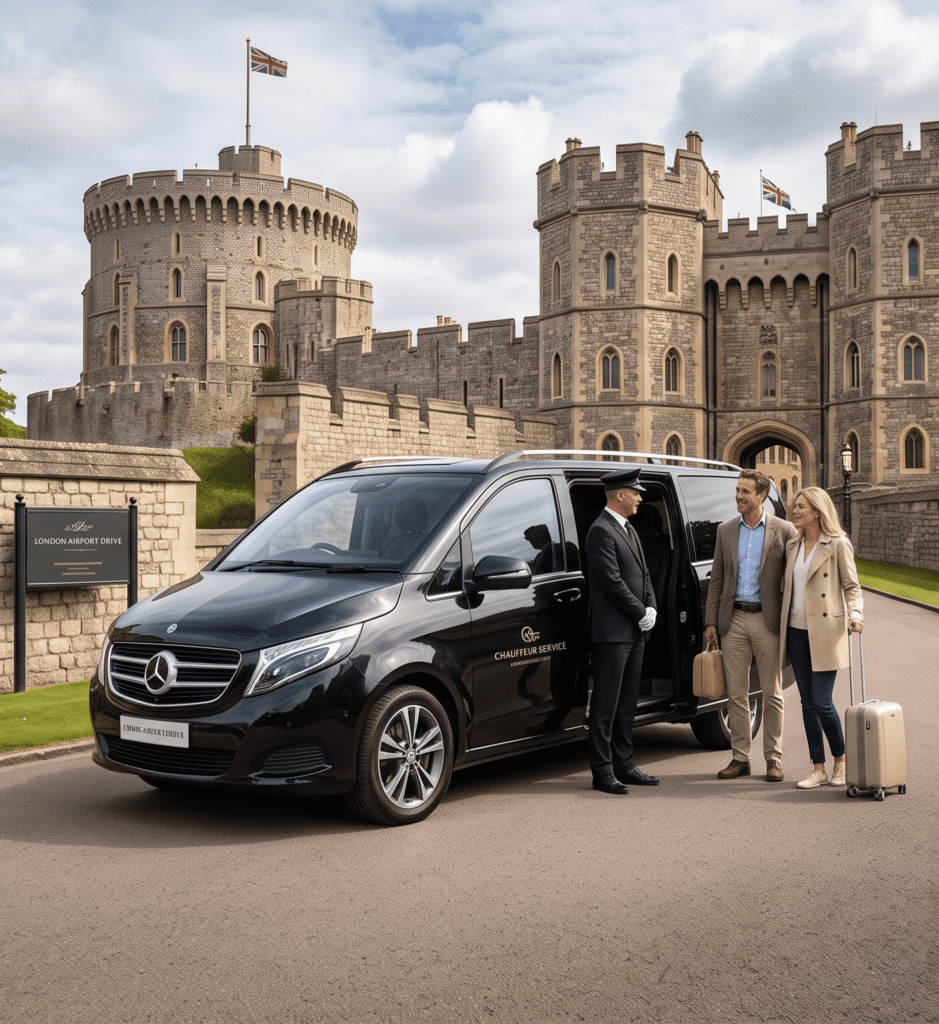 Executive Mercedes V-Class private London day tour chauffeur parked outside Windsor Castle