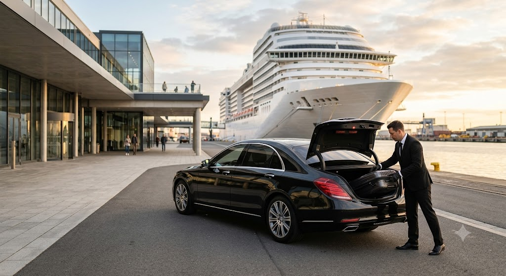 Chauffeur loading luggage for a Heathrow to Portsmouth cruise terminal transfer