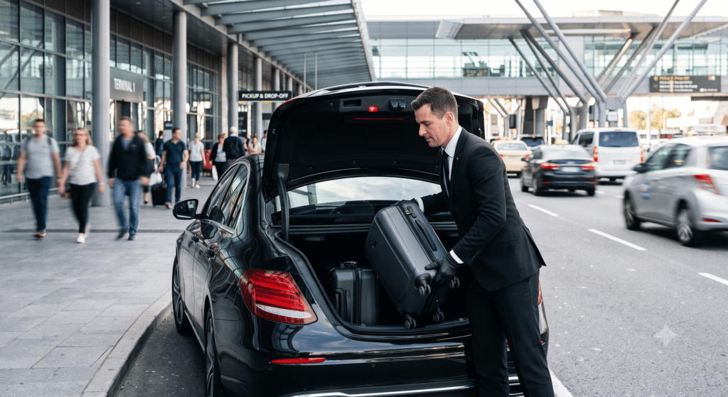 Professional chauffeur loading passenger luggage into a black executive sedan for a Heathrow to Gatwick transfer