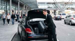 Professional chauffeur loading passenger luggage into a black executive sedan for a Heathrow to Gatwick transfer
