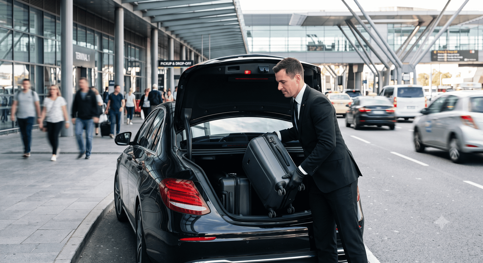 Professional chauffeur loading passenger luggage into a black executive sedan for a Heathrow to Gatwick transfer