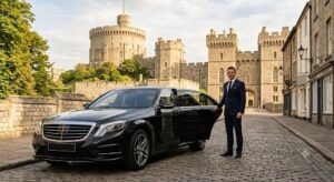 Executive chauffeur car near Windsor Castle after a transfer from Heathrow Airport
