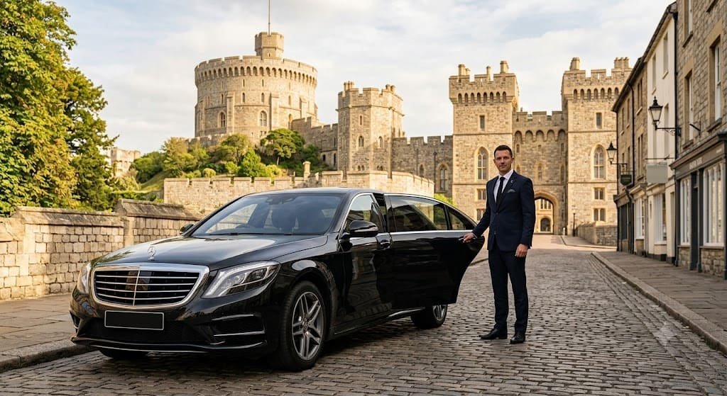 Executive chauffeur car near Windsor Castle after a transfer from Heathrow Airport